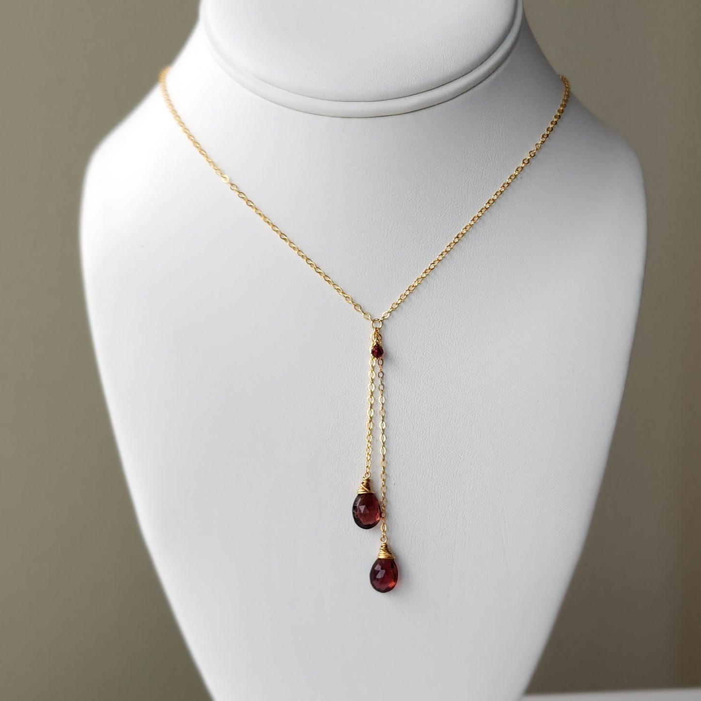 14kt Gold Fill Ruby Tourmaline Lariat Necklace